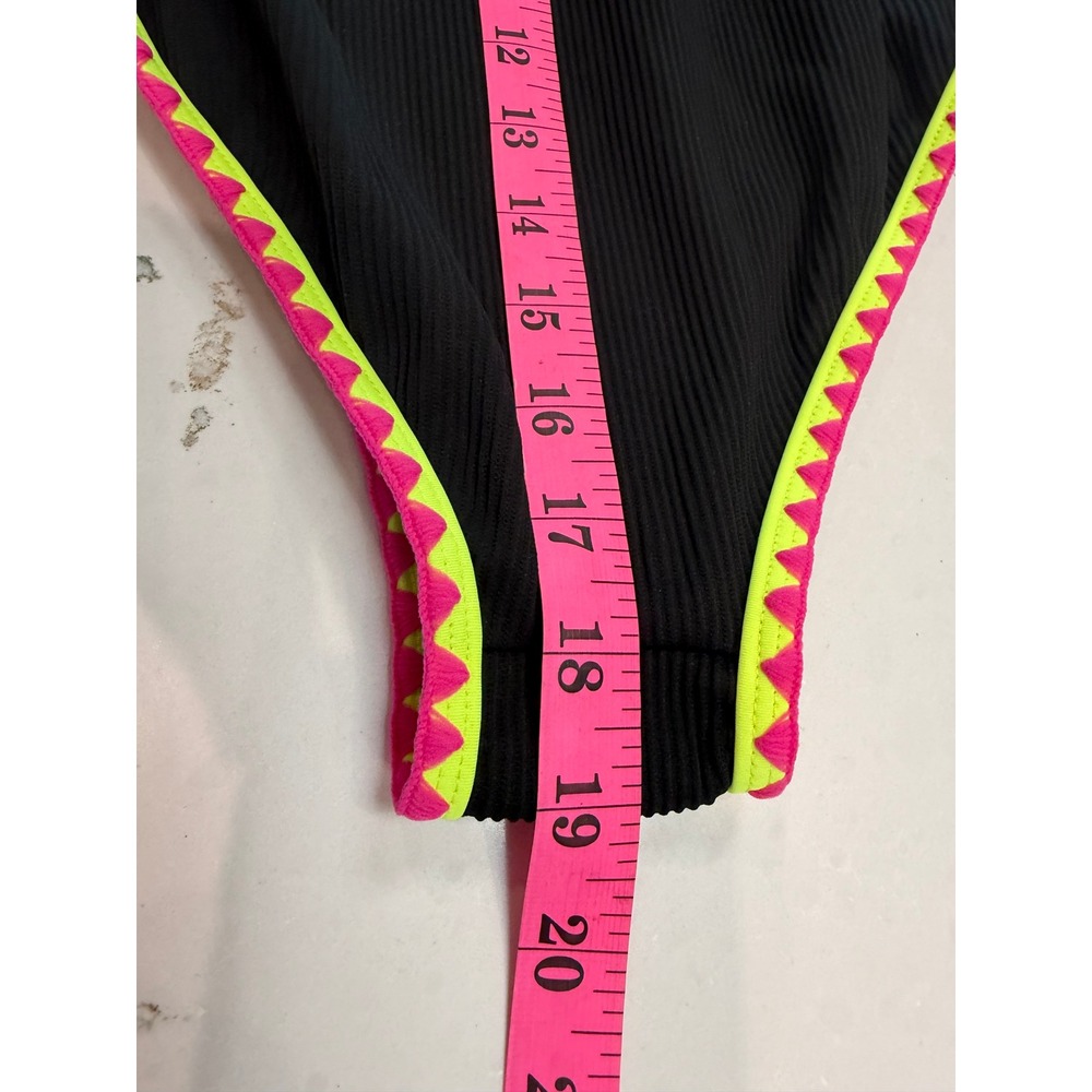 Popvil Womens Ribbed One Piece Swimsuit Black Neon Pink Yellow Trim High Cut NEW - Picture 8 of 12